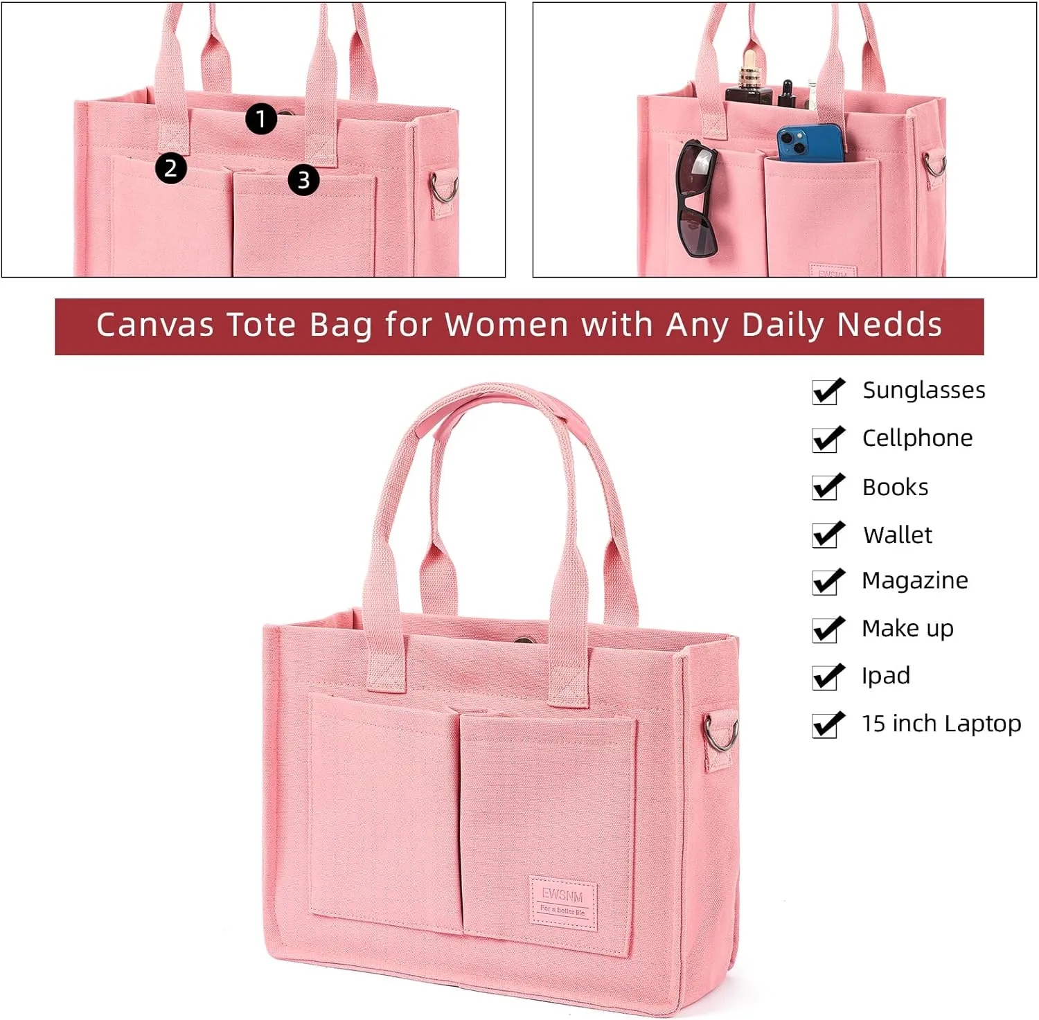 Canvas Tote Bag for Women, Large Laptop Travel Tote Handbag Totes with Crossbody Shoulder Teachers Reusable Grocery Bags