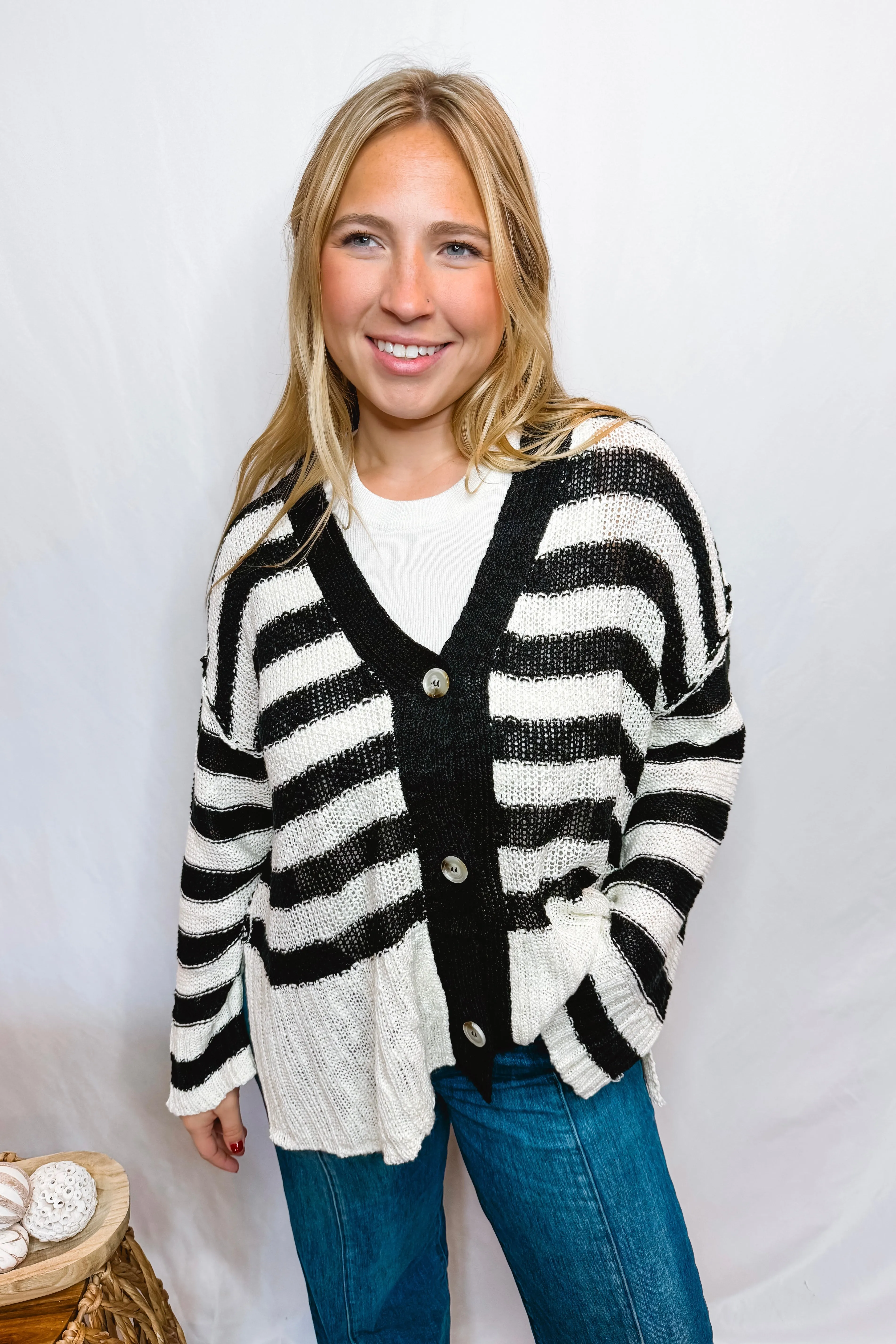 Casual Days Oversized Striped Cardigan - Black/Ivory