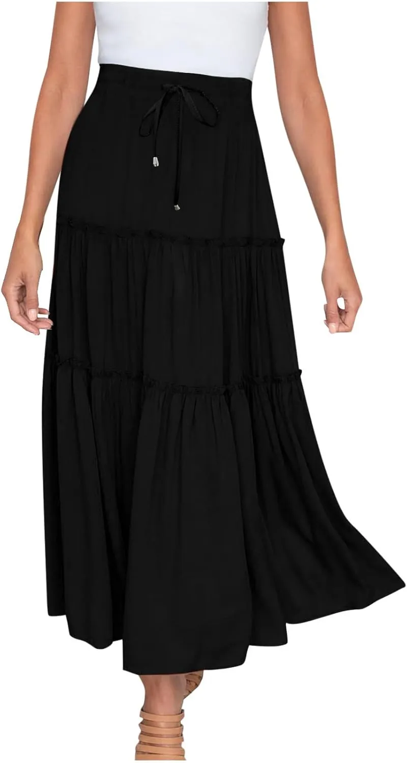 Casual Skirts for Women Midi Solid Ruffle Hem Elastic Band Skirt Pleated Going Out Elegant Skirts Versatile Style