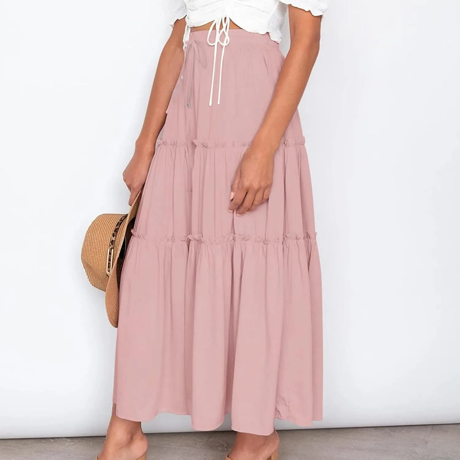 Casual Skirts for Women Midi Solid Ruffle Hem Elastic Band Skirt Pleated Going Out Elegant Skirts Versatile Style