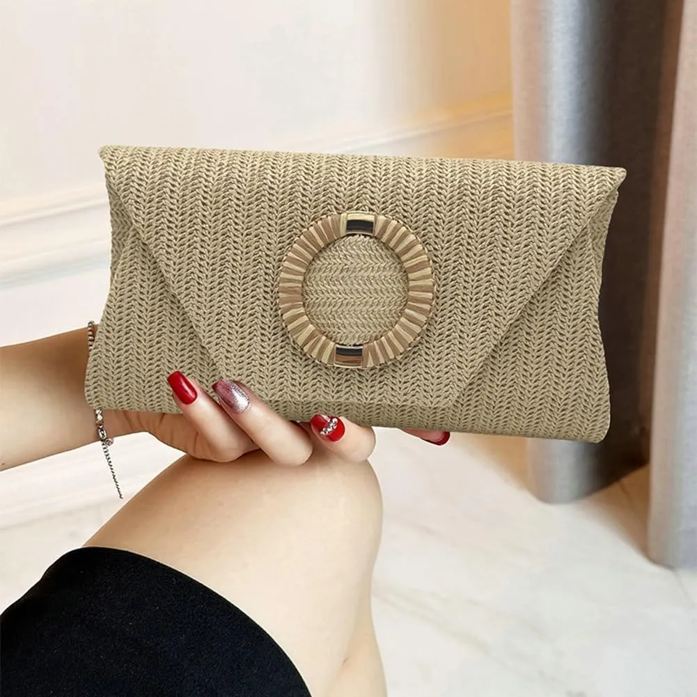 Chic Woven Clutch Handbags for Women Summer Straw Evening Envelope Bag Designer Boho Purse for Beach,Party