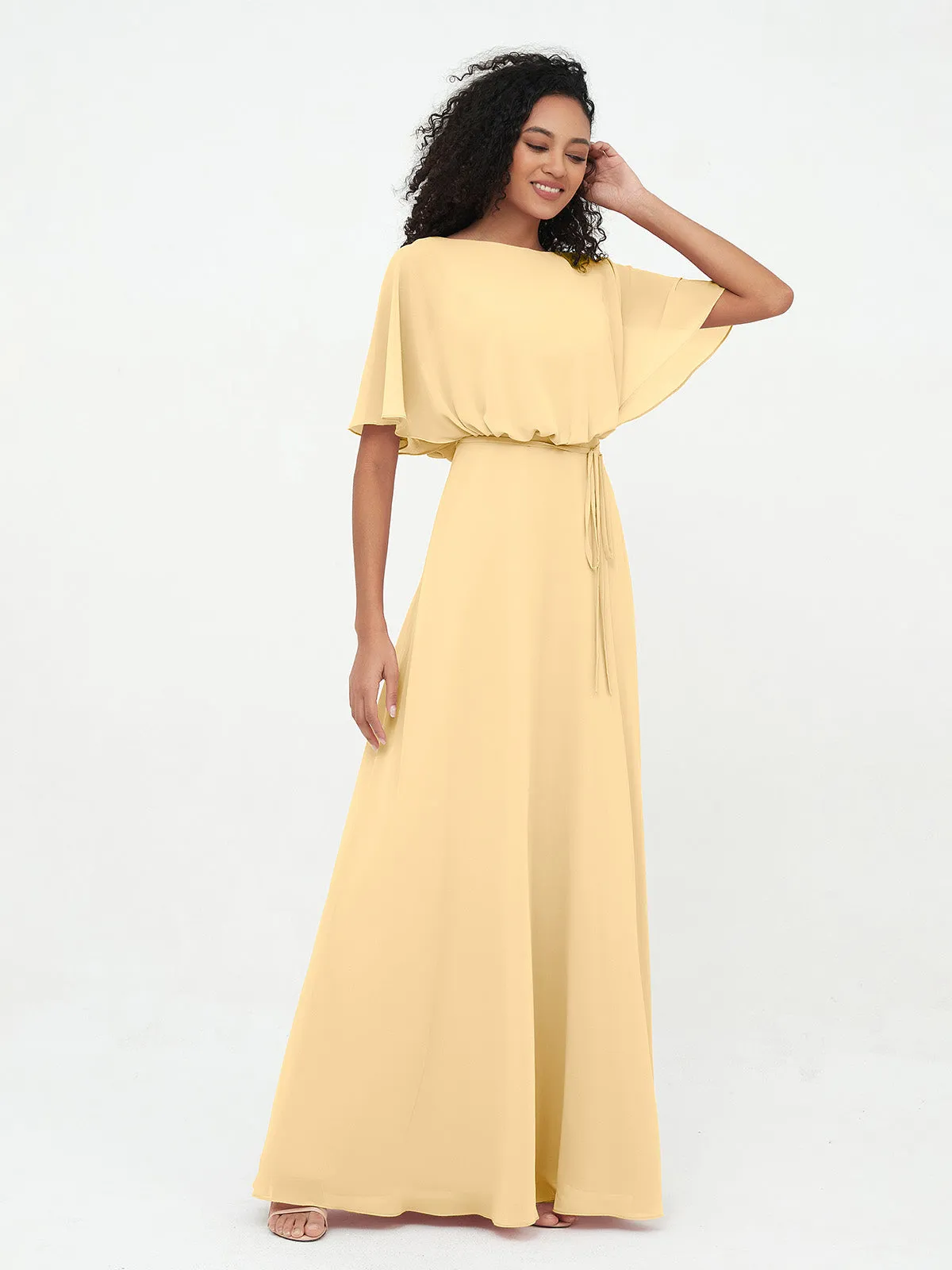 Chiffon Full Length Bridesmaid Dresses with Wrap Gold Plus Size