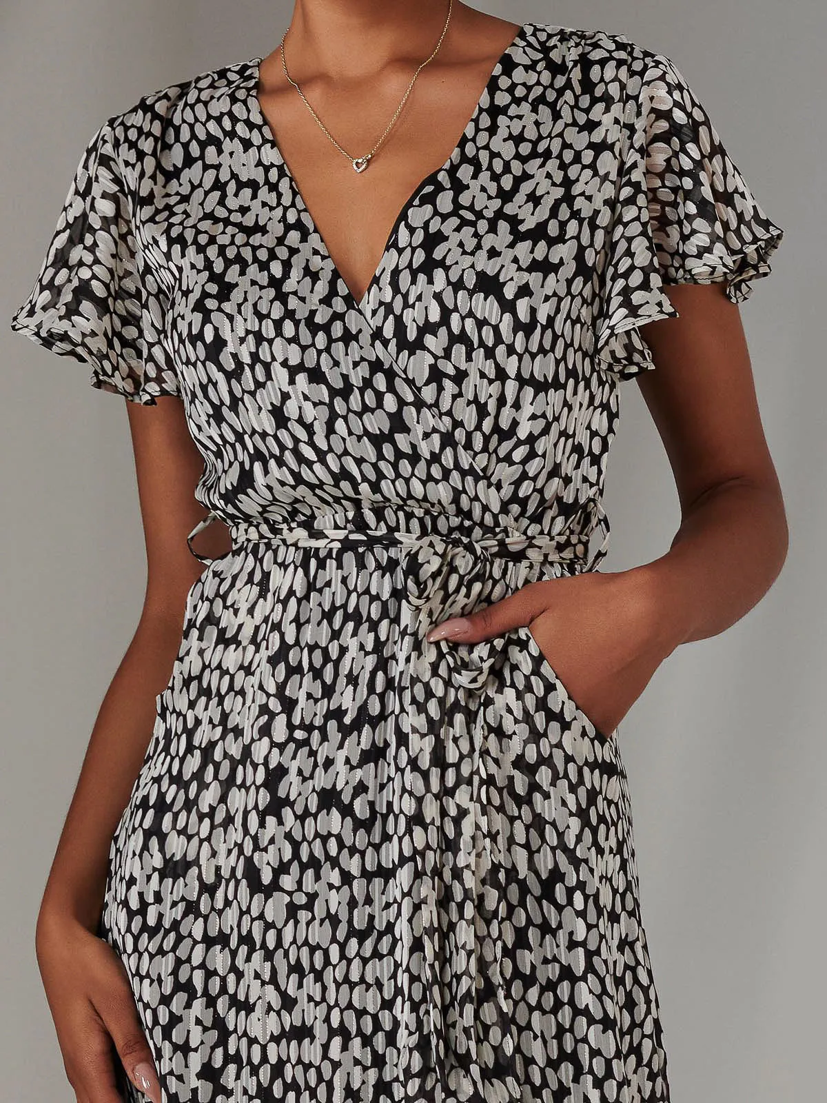 Chiffon Print Frill Dip Hem Maxi Dress, Black Spot