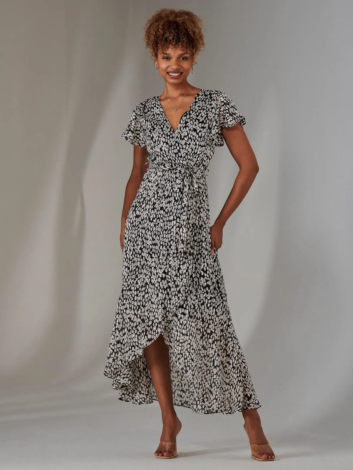 Chiffon Print Frill Dip Hem Maxi Dress, Black Spot
