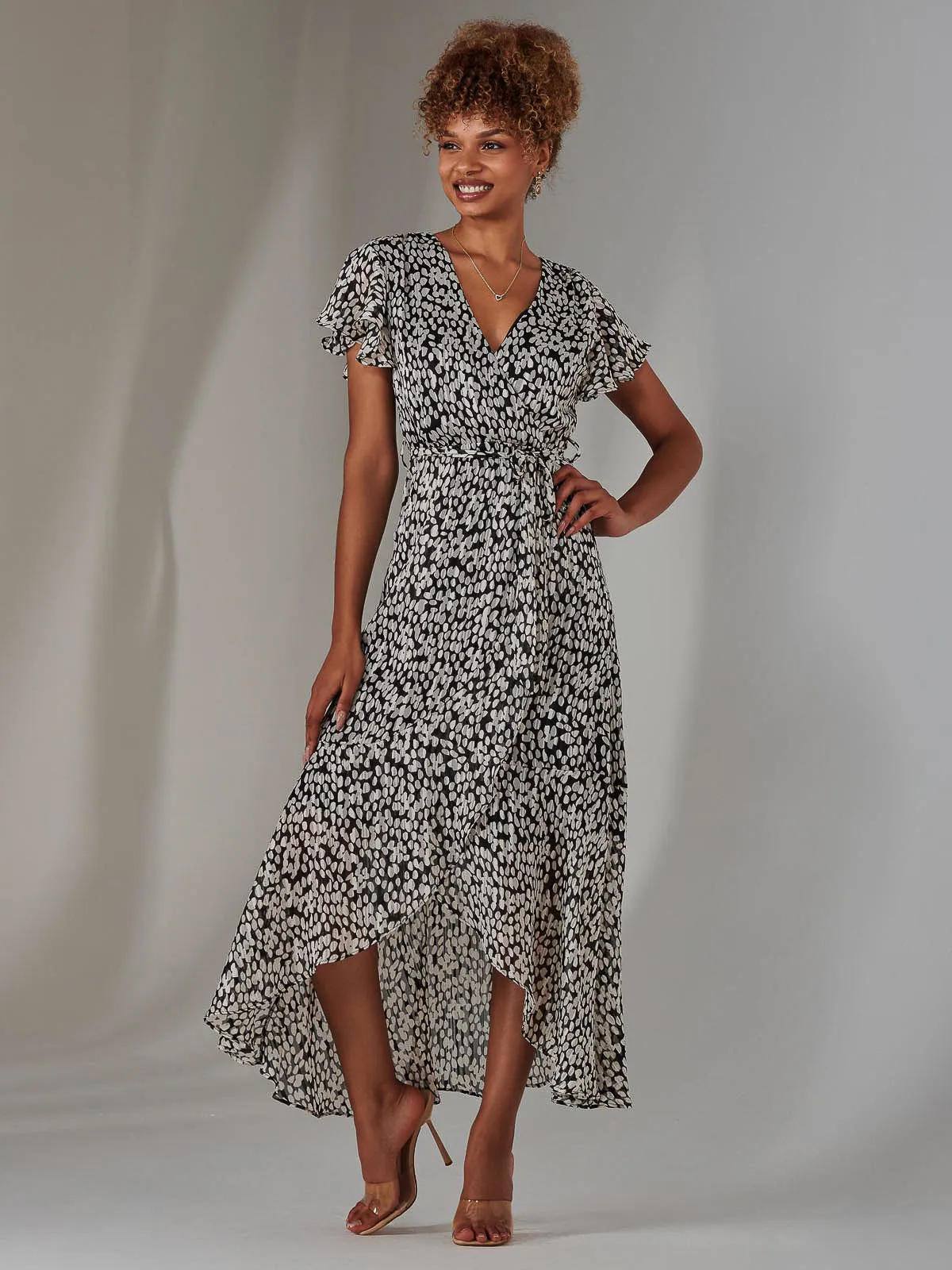 Chiffon Print Frill Dip Hem Maxi Dress, Black Spot