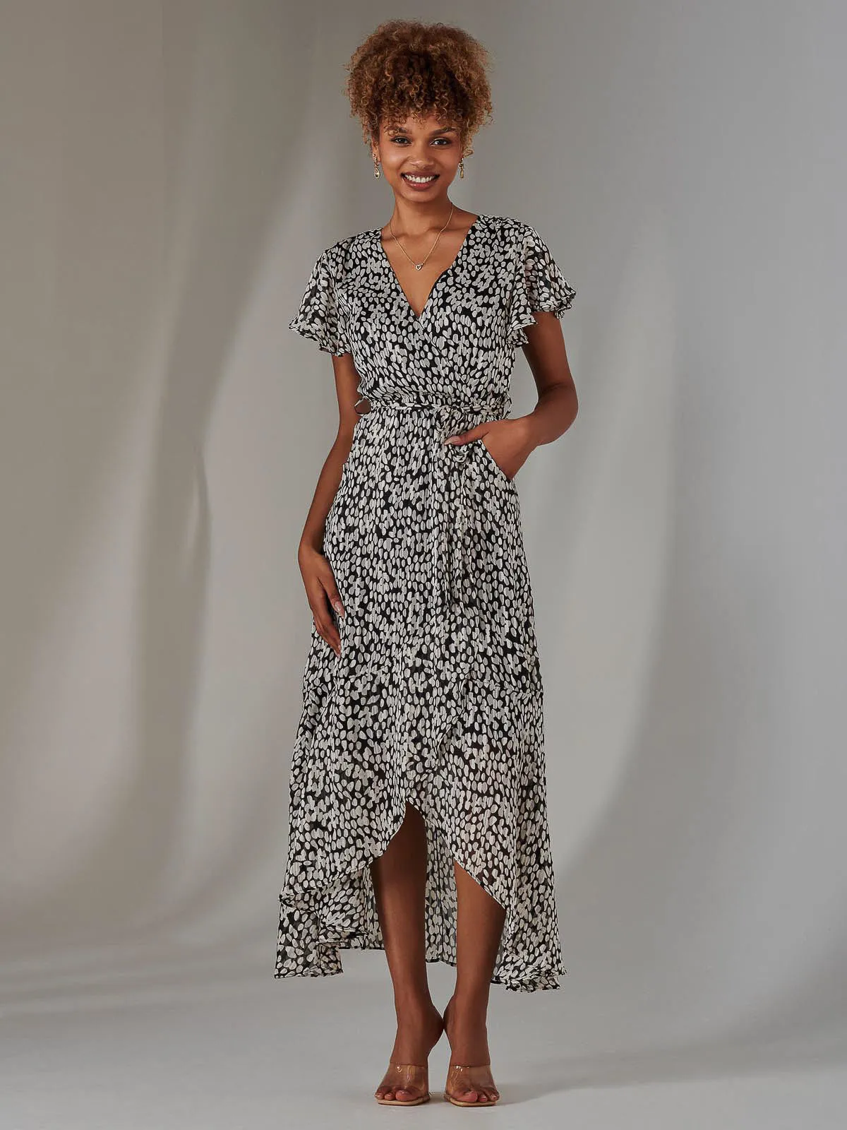 Chiffon Print Frill Dip Hem Maxi Dress, Black Spot