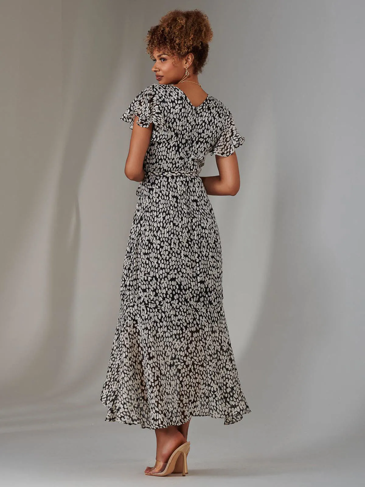 Chiffon Print Frill Dip Hem Maxi Dress, Black Spot