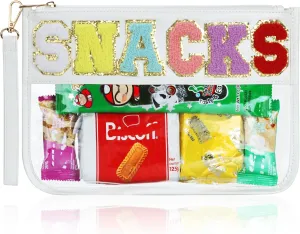 Clear Snack Bag for Travel, Varsity Chenille Letter Patch Flat Pouch with Zipper, Preppy Makeup Bags, Waterproof PVC&PU Cosmetic Toiletry Bag for Women Girls, White