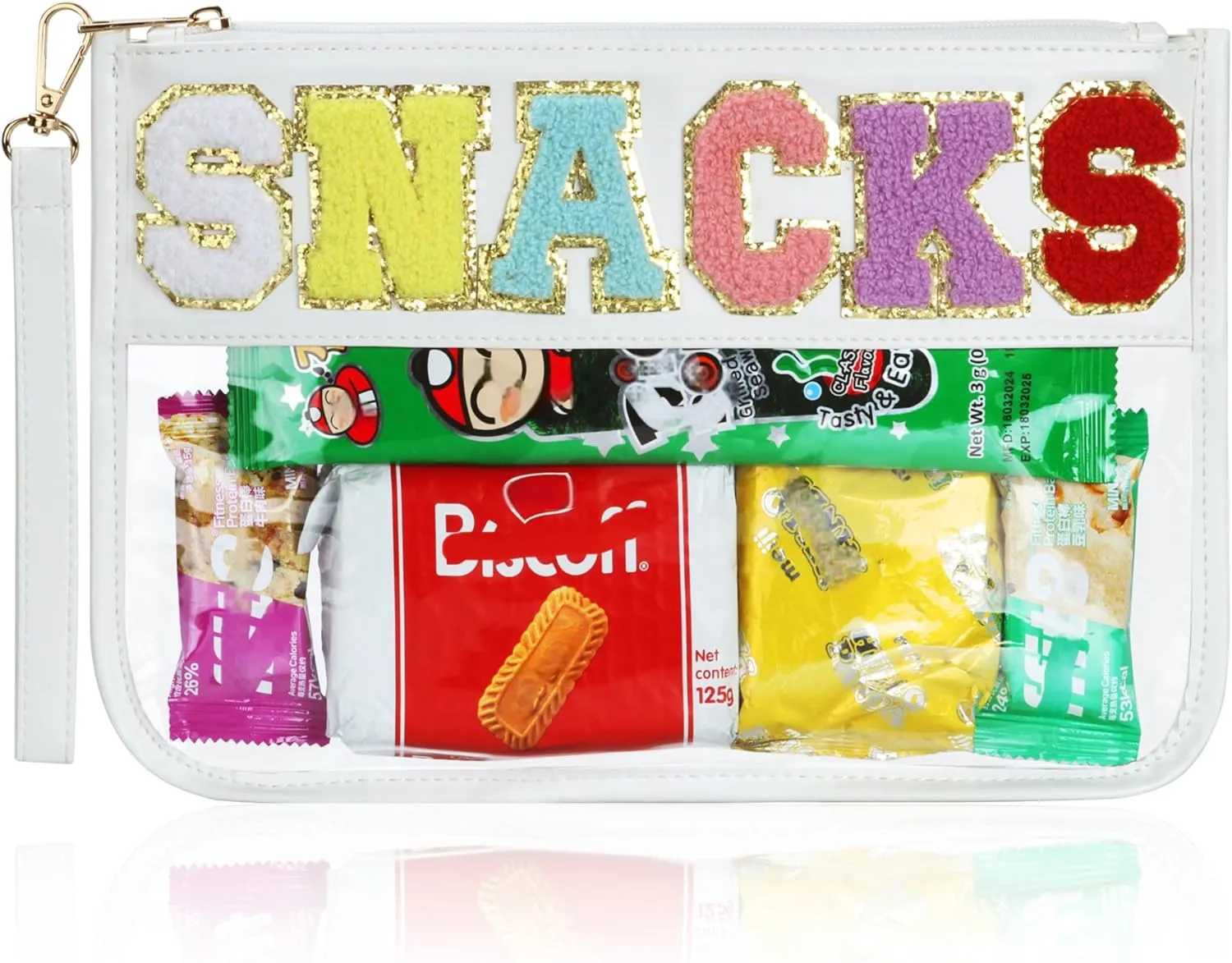 Clear Snack Bag for Travel, Varsity Chenille Letter Patch Flat Pouch with Zipper, Preppy Makeup Bags, Waterproof PVC&PU Cosmetic Toiletry Bag for Women Girls, White