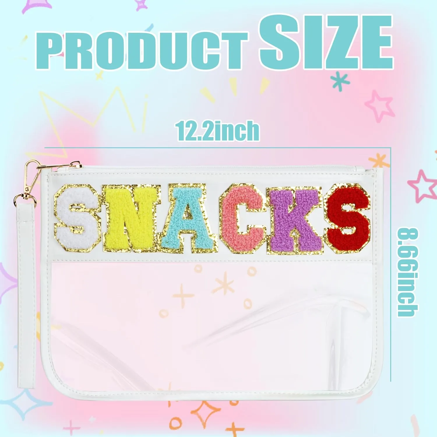 Clear Snack Bag for Travel, Varsity Chenille Letter Patch Flat Pouch with Zipper, Preppy Makeup Bags, Waterproof PVC&PU Cosmetic Toiletry Bag for Women Girls, White