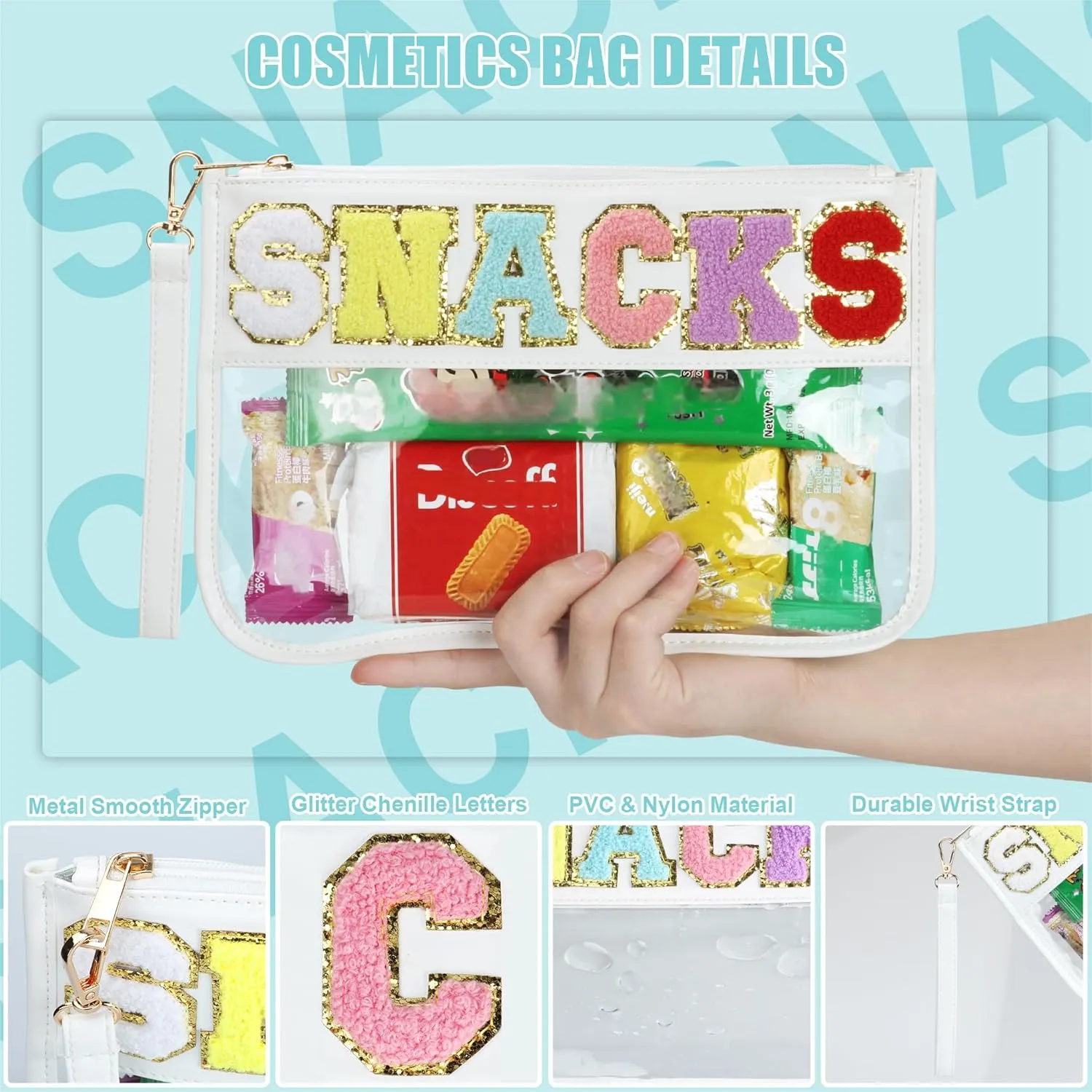 Clear Snack Bag for Travel, Varsity Chenille Letter Patch Flat Pouch with Zipper, Preppy Makeup Bags, Waterproof PVC&PU Cosmetic Toiletry Bag for Women Girls, White