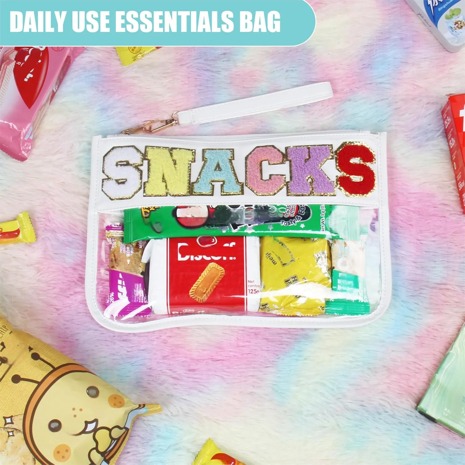 Clear Snack Bag for Travel, Varsity Chenille Letter Patch Flat Pouch with Zipper, Preppy Makeup Bags, Waterproof PVC&PU Cosmetic Toiletry Bag for Women Girls, White