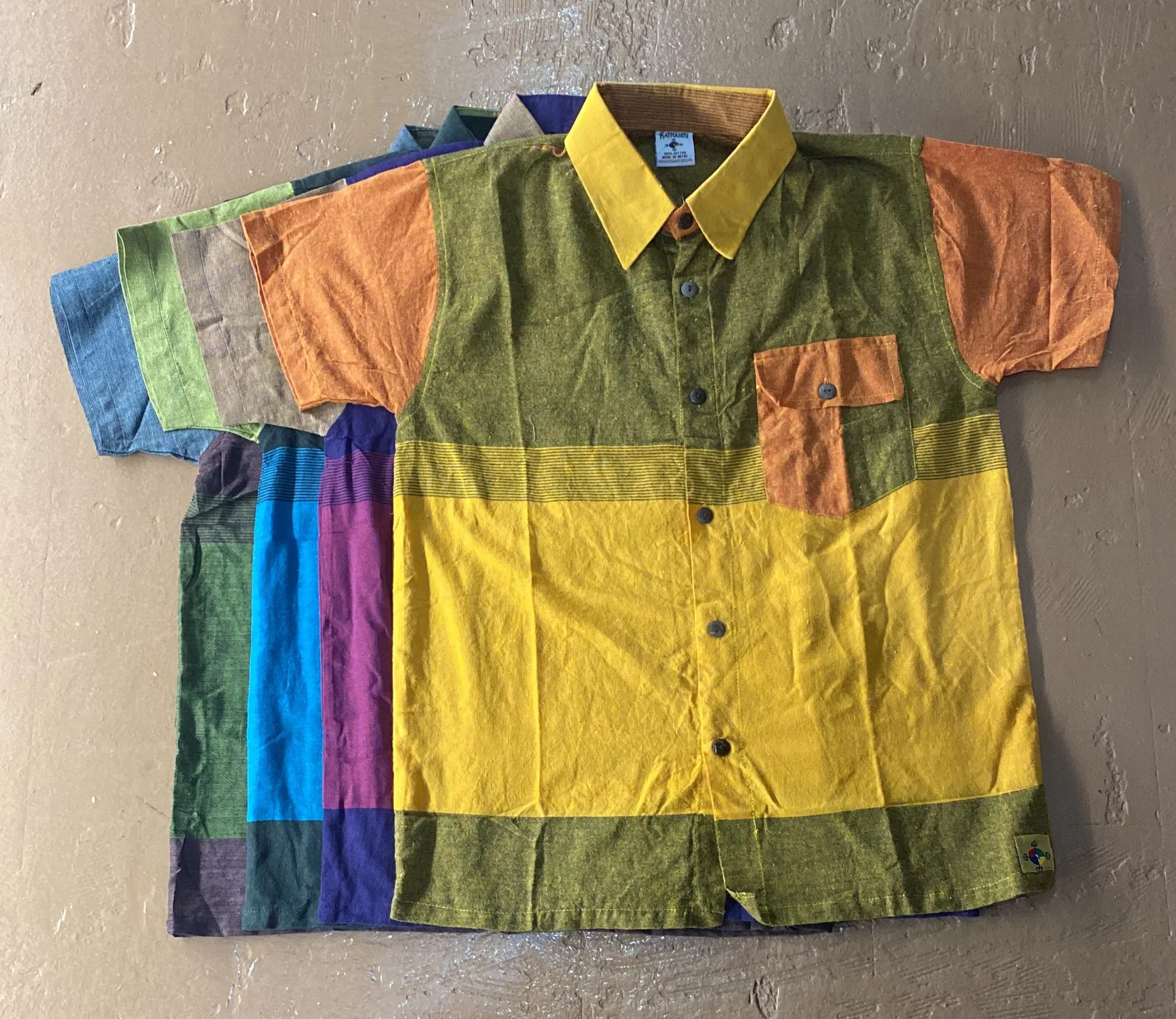 Cotton Button-Down Collar Shirt w/Front Pocket - Tri Color