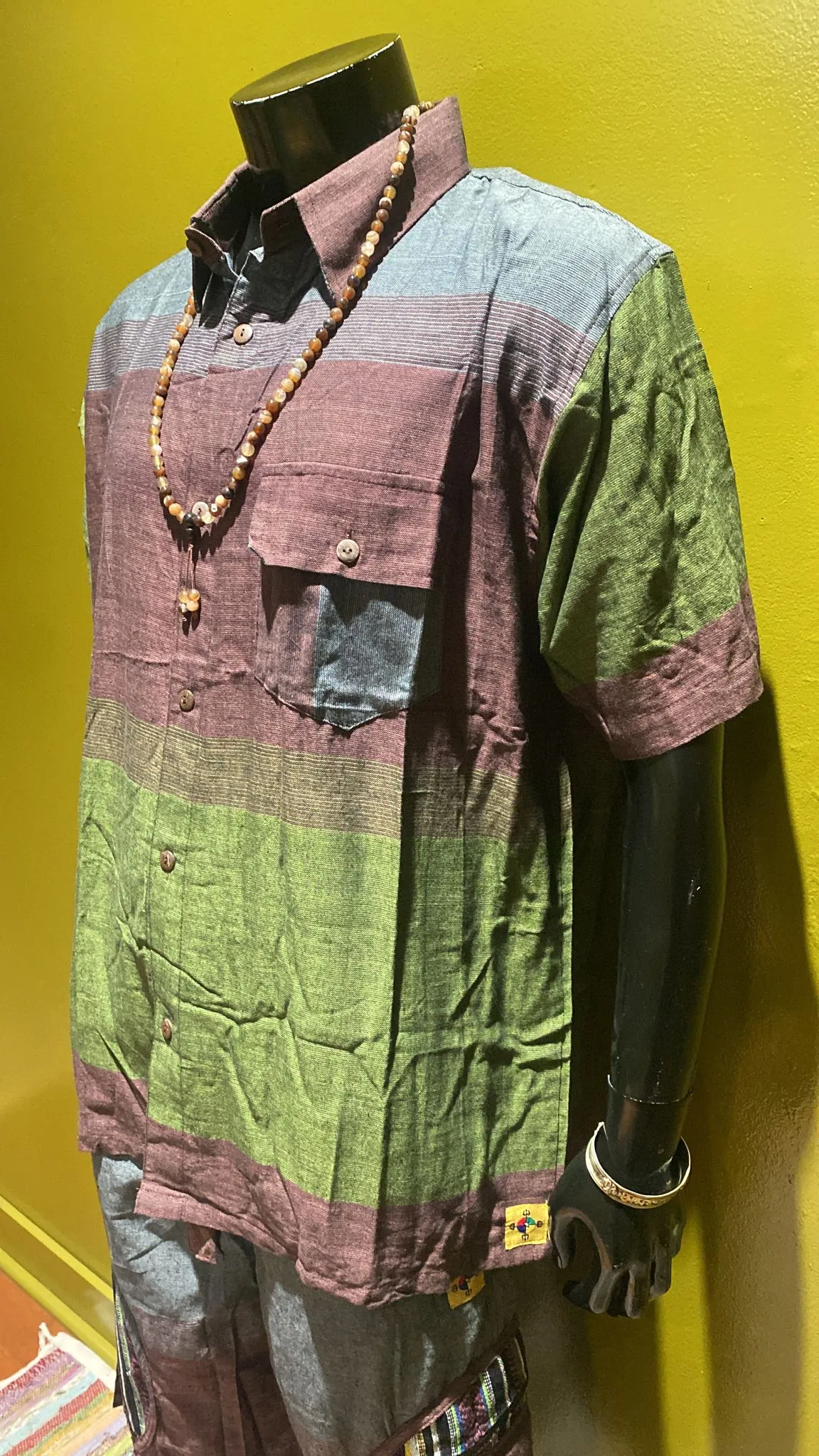 Cotton Button-Down Collar Shirt w/Front Pocket - Tri Color