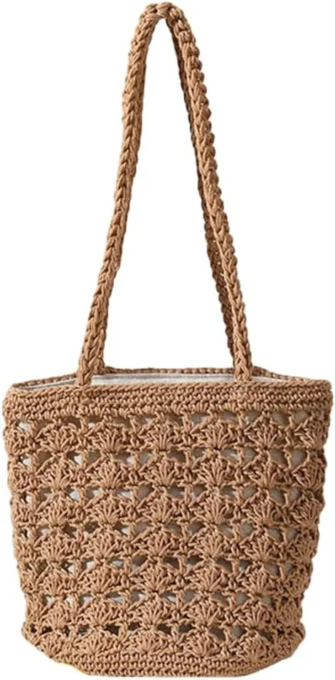 Cotton Rope Summer Beach HandBag Vacation Hand- Woven Shoulder Bucket Bag Chic Hollow-out Purses