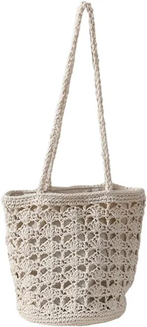 Cotton Rope Summer Beach HandBag Vacation Hand- Woven Shoulder Bucket Bag Chic Hollow-out Purses