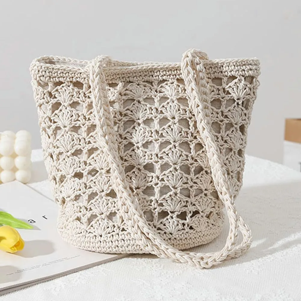 Cotton Rope Summer Beach HandBag Vacation Hand- Woven Shoulder Bucket Bag Chic Hollow-out Purses