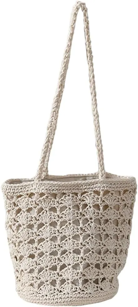 Cotton Rope Summer Beach HandBag Vacation Hand- Woven Shoulder Bucket Bag Chic Hollow-out Purses