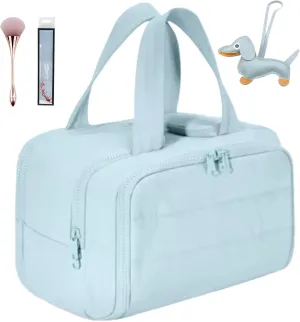 Cureaway Travel Cosmetic Bag, Large Capacity Wide-Open Travel Cosmetic Bag, 4-In-1 Puffy Multi-Functional Toiletry Bag for Women, Organizer Waterproof Lightweight Portable (Blue)