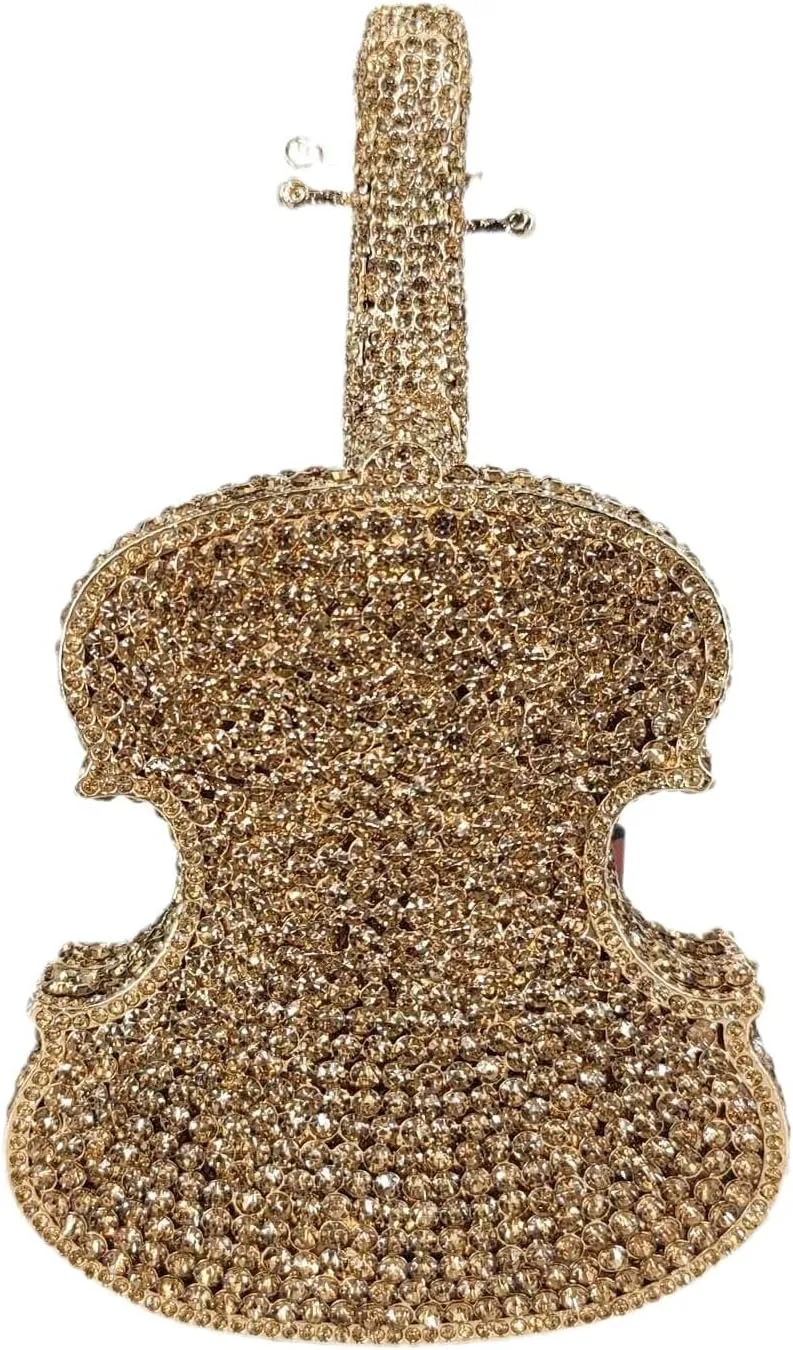 Cute Violin Rhinestone Evening Bag Chic Crystal Handbag Diamond Clutch Purse for Women Party Prom Banquet, Gold