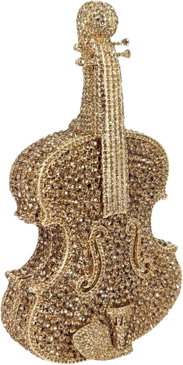 Cute Violin Rhinestone Evening Bag Chic Crystal Handbag Diamond Clutch Purse for Women Party Prom Banquet, Gold