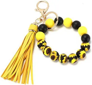 Daisy Flowers Wristlet Keychain,Printing Sunflower Silicone Women Beaded Bangle Chains,Keychain for Women
