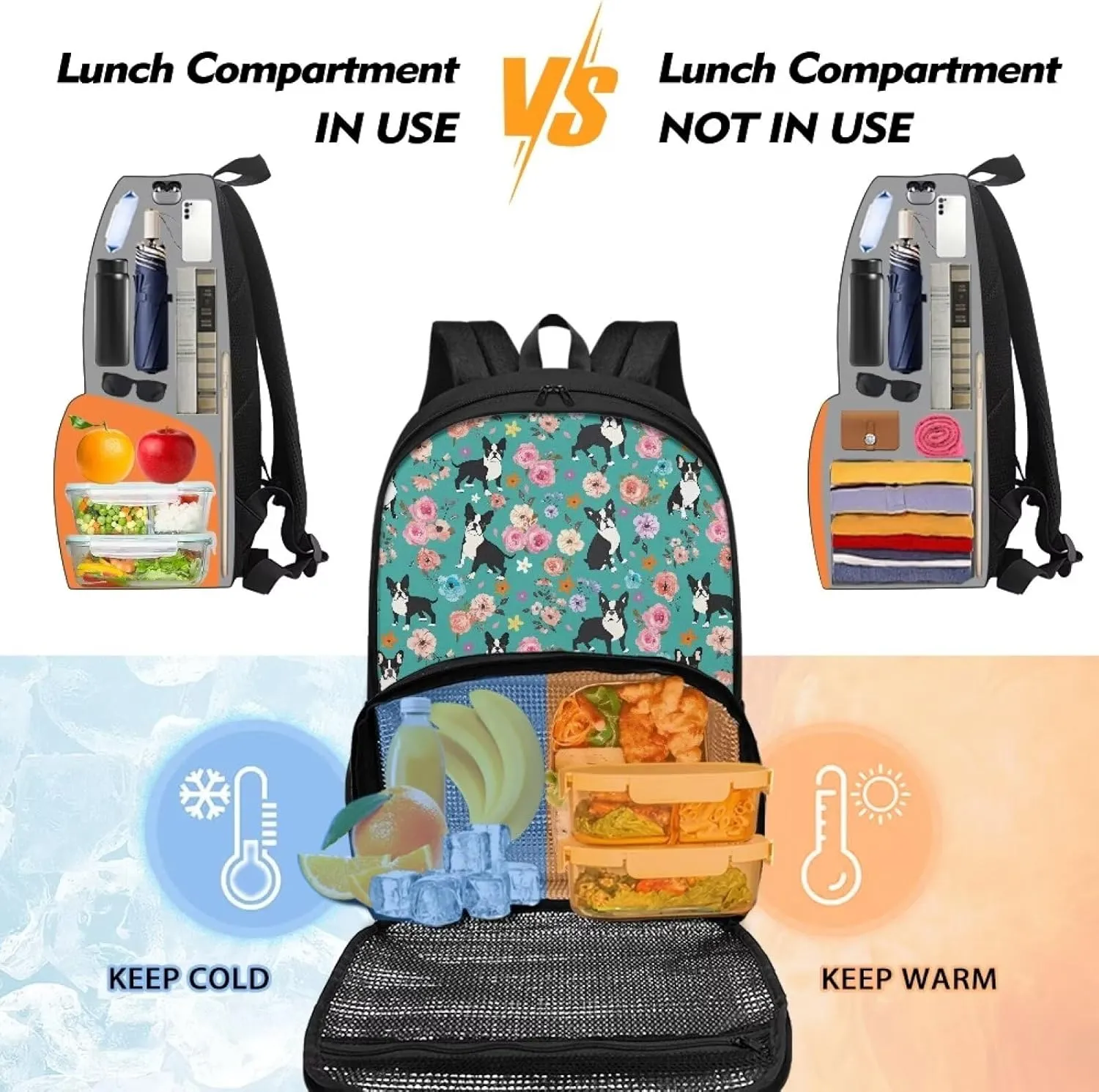 Dog and Multi Flower Lunch Backpack for Women Insulated Cooler Laptop Backpacks, Backpack Lightweight College School Bookbag