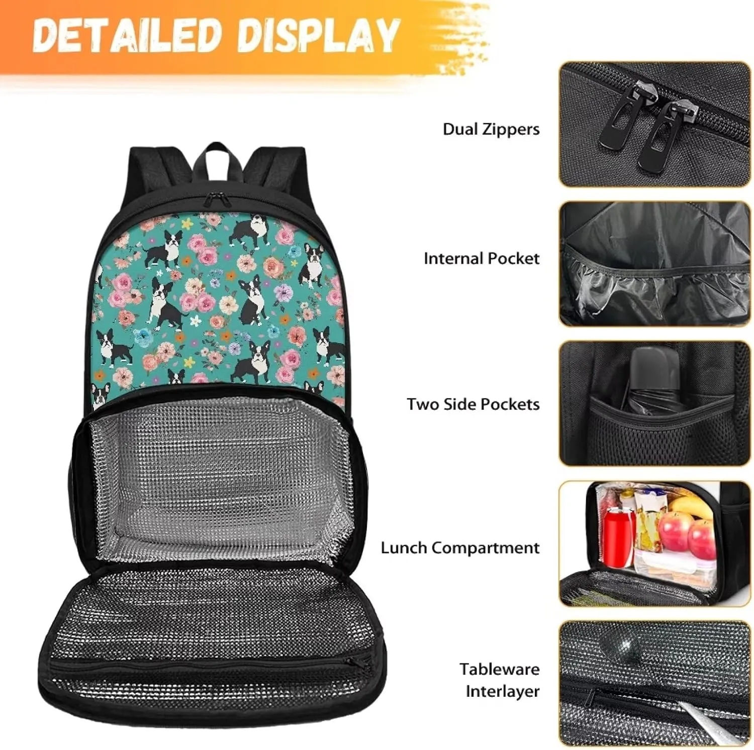 Dog and Multi Flower Lunch Backpack for Women Insulated Cooler Laptop Backpacks, Backpack Lightweight College School Bookbag