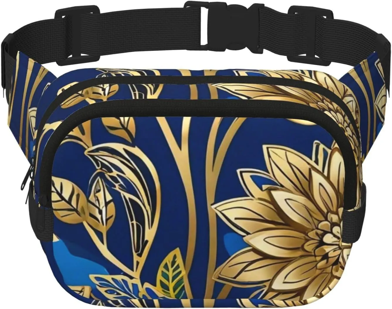 Double Layer Waist Bag for Men & Women,Adjustable Waterproof Running Belt,Multi-Functional Fanny Pack with Blue Golden Flower Print for Travel,Hiking,Fitness