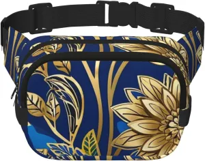 Double Layer Waist Bag for Men & Women,Adjustable Waterproof Running Belt,Multi-Functional Fanny Pack with Blue Golden Flower Print for Travel,Hiking,Fitness