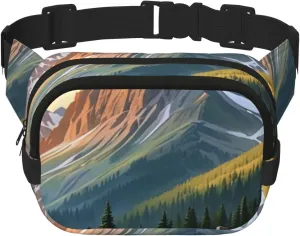 Double Layer Waist Bag for Men & Women,Adjustable Waterproof Running Belt,Multi-Functional Fanny Pack with Mountain Bliss Print for Travel,Hiking,Fitness
