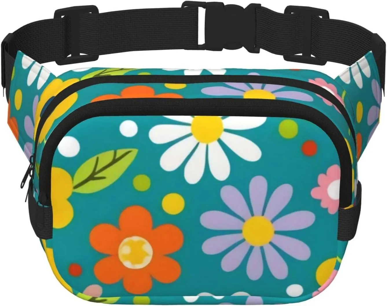 Double Layer Waist Bag for Men & Women,Adjustable Waterproof Running Belt,Multi-Functional Fanny Pack with Polka Dots Flowers Print for Travel,Hiking,Fitness