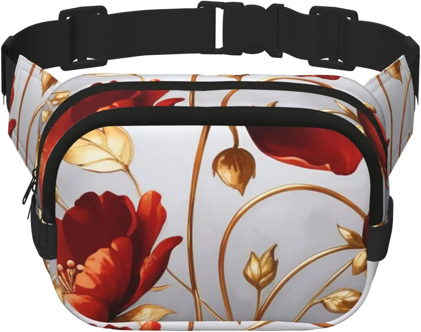Double Layer Waist Bag for Men & Women,Adjustable Waterproof Running Belt,Multi-Functional Fanny Pack with Red Gold flower Print for Travel,Hiking,Fitness