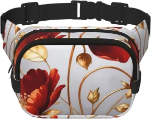 Double Layer Waist Bag for Men & Women,Adjustable Waterproof Running Belt,Multi-Functional Fanny Pack with Red Gold flower Print for Travel,Hiking,Fitness