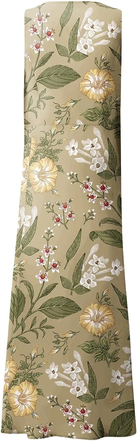 Dresses for Women 2025 Beach Floral Printed Cotton Linen Dresses with Pockets Sleeveless Casual Flowy Maxi Dress