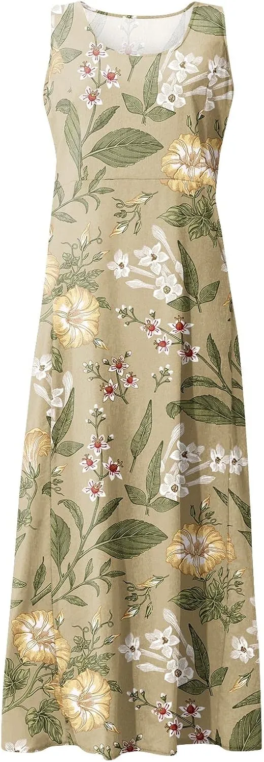 Dresses for Women 2025 Beach Floral Printed Cotton Linen Dresses with Pockets Sleeveless Casual Flowy Maxi Dress