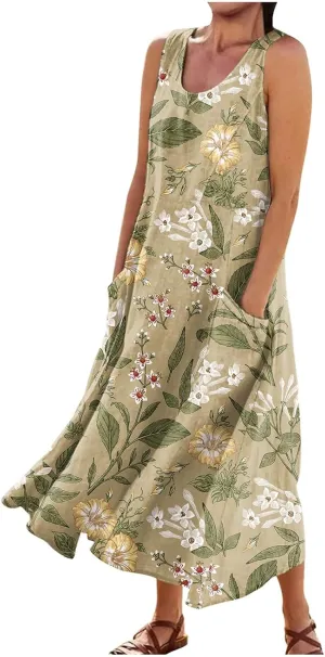 Dresses for Women 2025 Beach Floral Printed Cotton Linen Dresses with Pockets Sleeveless Casual Flowy Maxi Dress