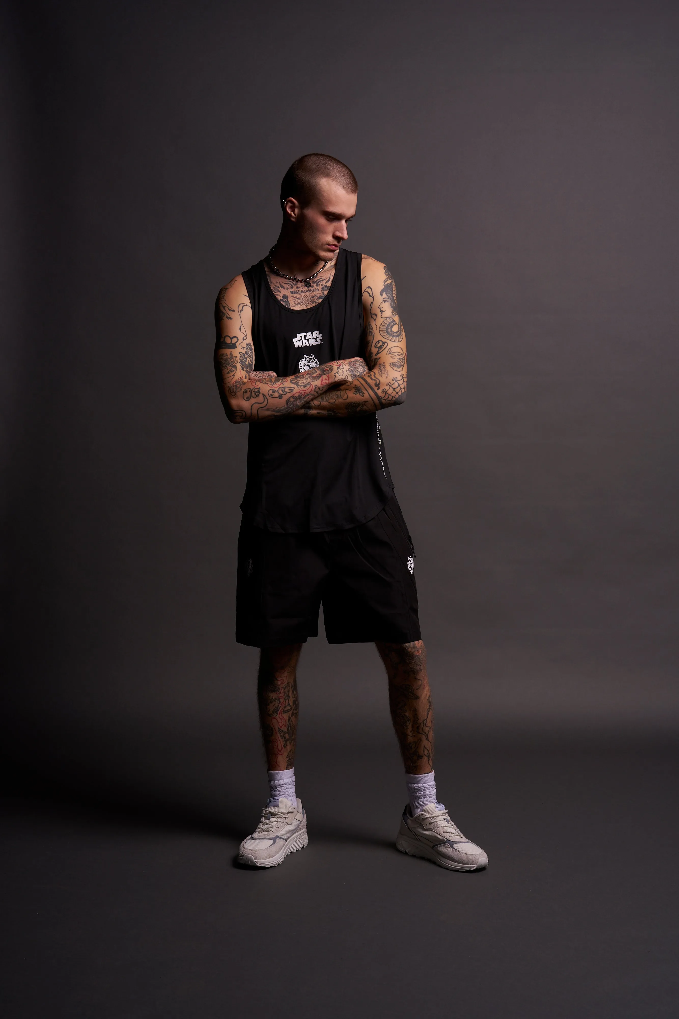 Dual Wolf Chopper Brolic Track Shorts in Black/Black