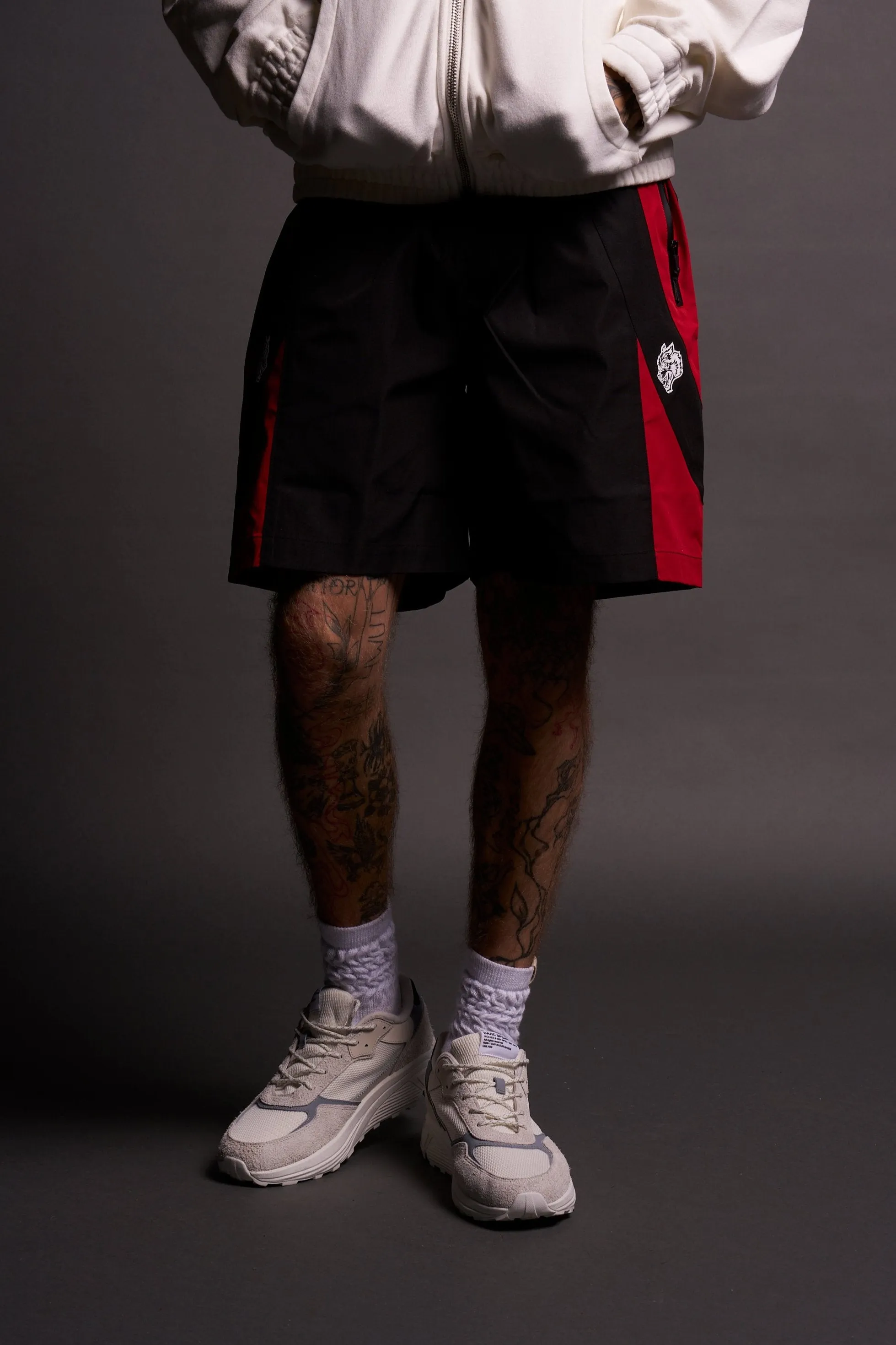 Dual Wolf Chopper Brolic Track Shorts in Black/Red