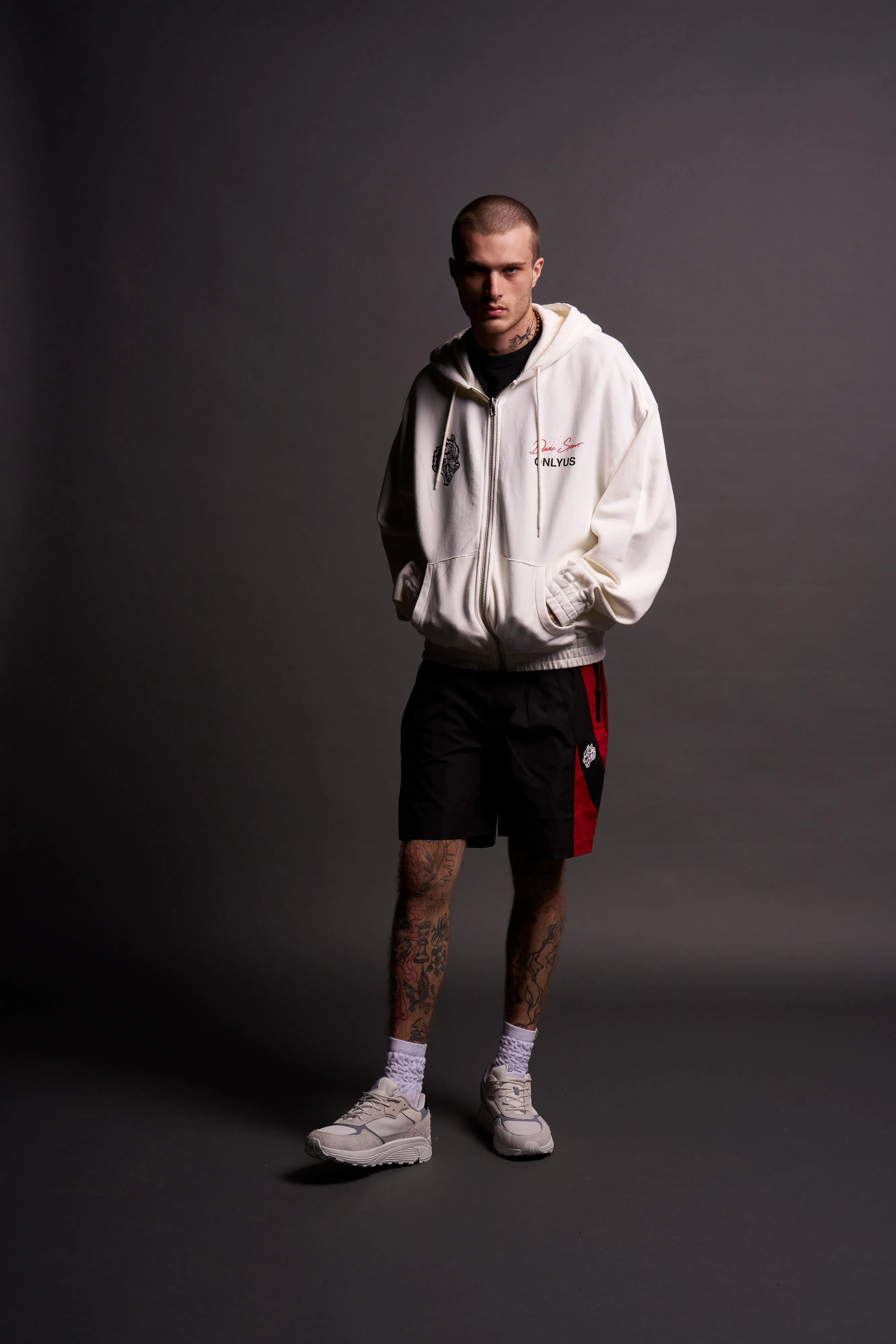 Dual Wolf Chopper Brolic Track Shorts in Black/Red