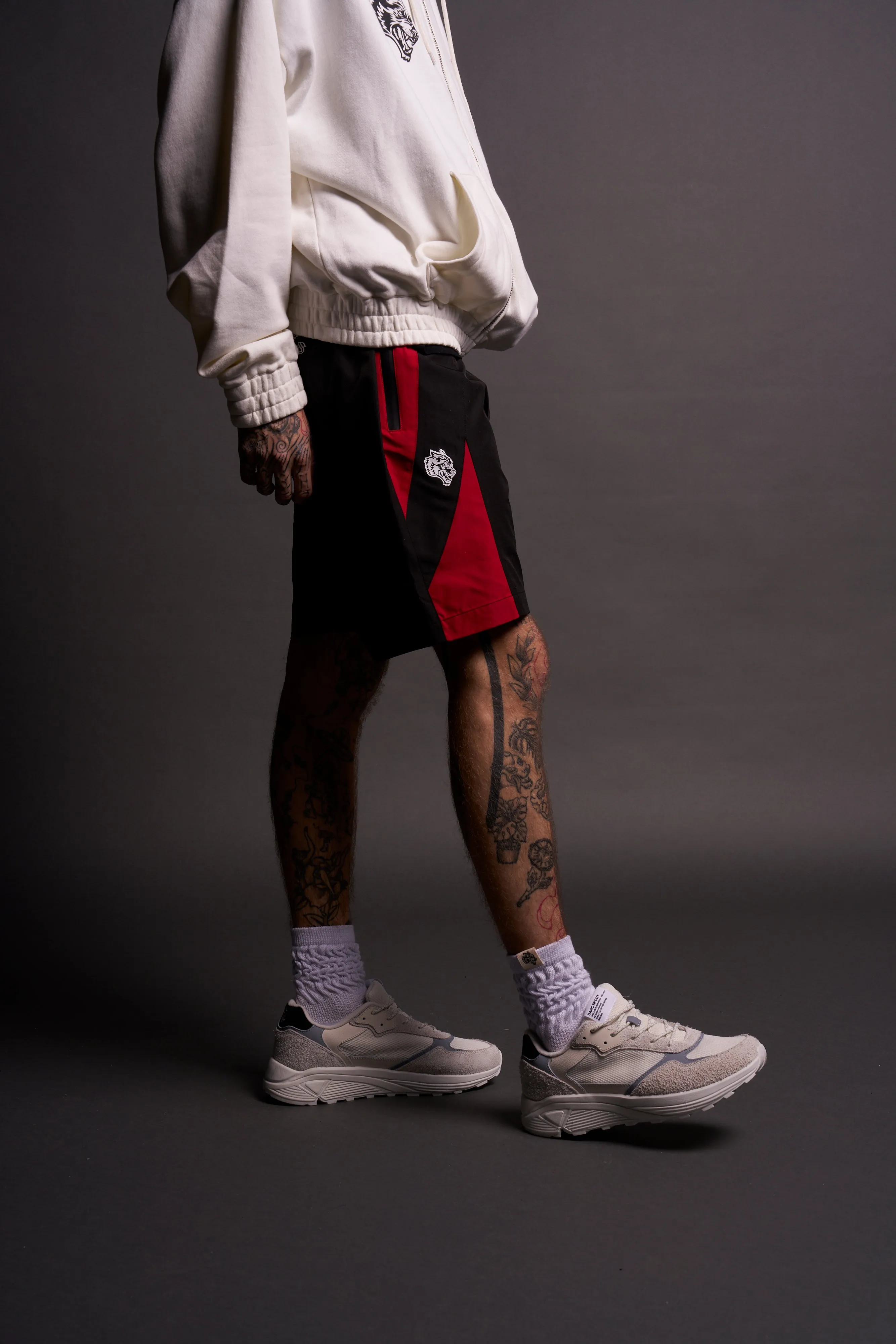 Dual Wolf Chopper Brolic Track Shorts in Black/Red