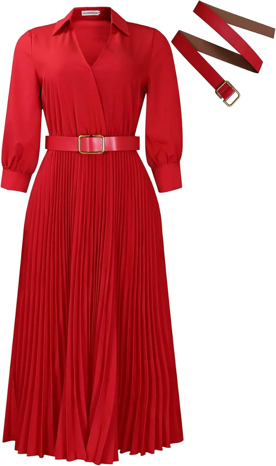 Ecirod Womens Wrap V Neck Pleated Midi Dress Casual Plus Size Long Sleeve Wedding Guest A Line Dresses with Belt