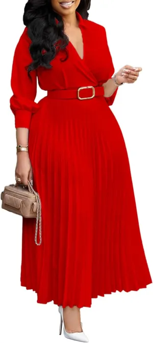 Ecirod Womens Wrap V Neck Pleated Midi Dress Casual Plus Size Long Sleeve Wedding Guest A Line Dresses with Belt