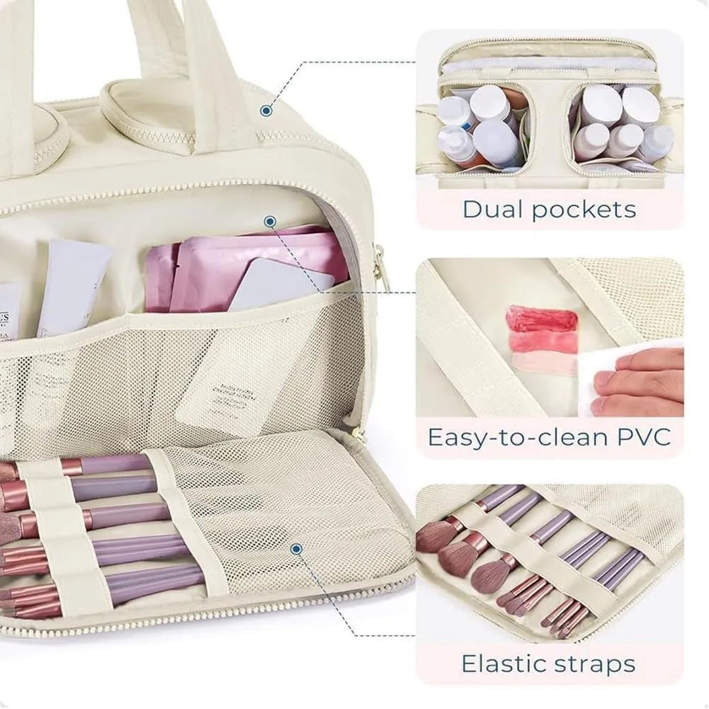 Elouva Toiletry Bag, Availableu Large Capacity Wide-Open Travel CosmeticBag, Decisive Makeup Bag, 4-in-1 Multi-functional Lightweight MakeupBags for Women (Beige)