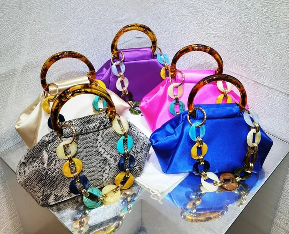 Exquisite Evening Clutch for Women Gorgeous Satin Handbag for Party Wedding Bag Chic Acrylic Chain Purses