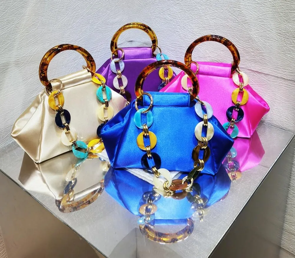 Exquisite Evening Clutch for Women Gorgeous Satin Handbag for Party Wedding Bag Chic Acrylic Chain Purses