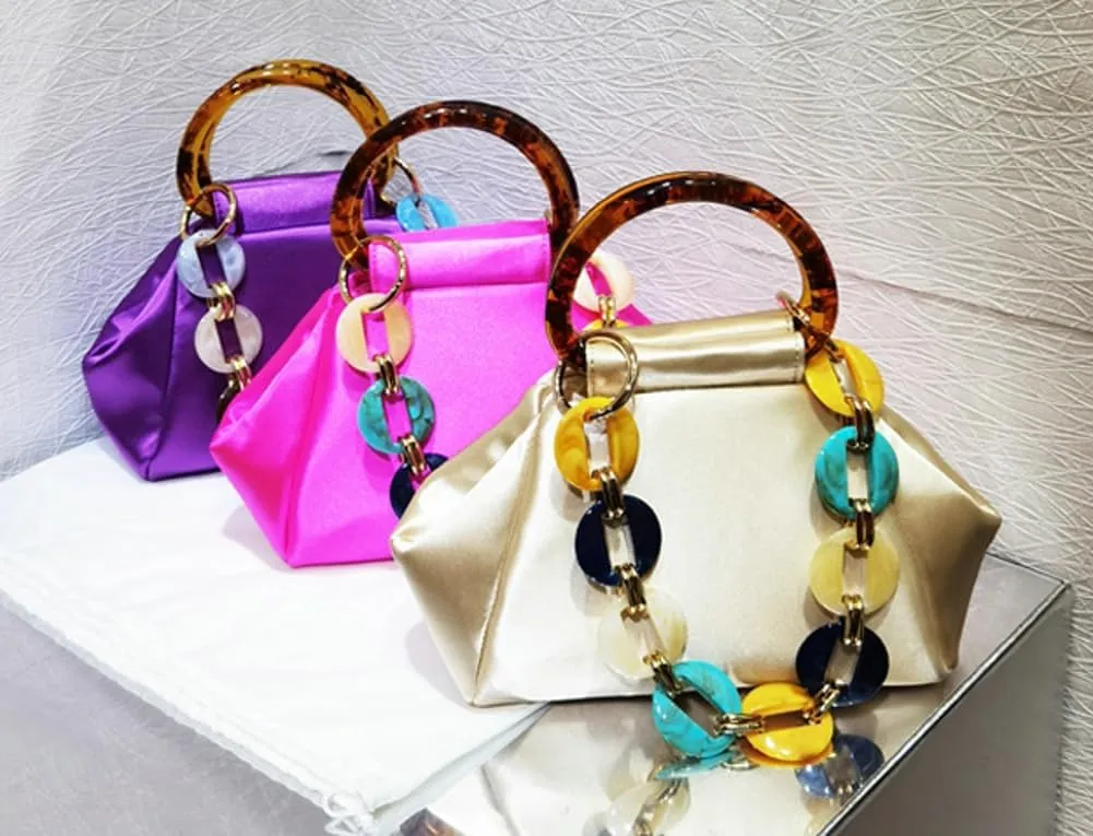 Exquisite Evening Clutch for Women Gorgeous Satin Handbag for Party Wedding Bag Chic Acrylic Chain Purses