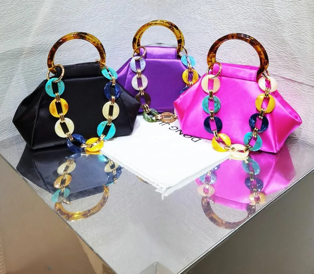 Exquisite Evening Clutch for Women Gorgeous Satin Handbag for Party Wedding Bag Chic Acrylic Chain Purses