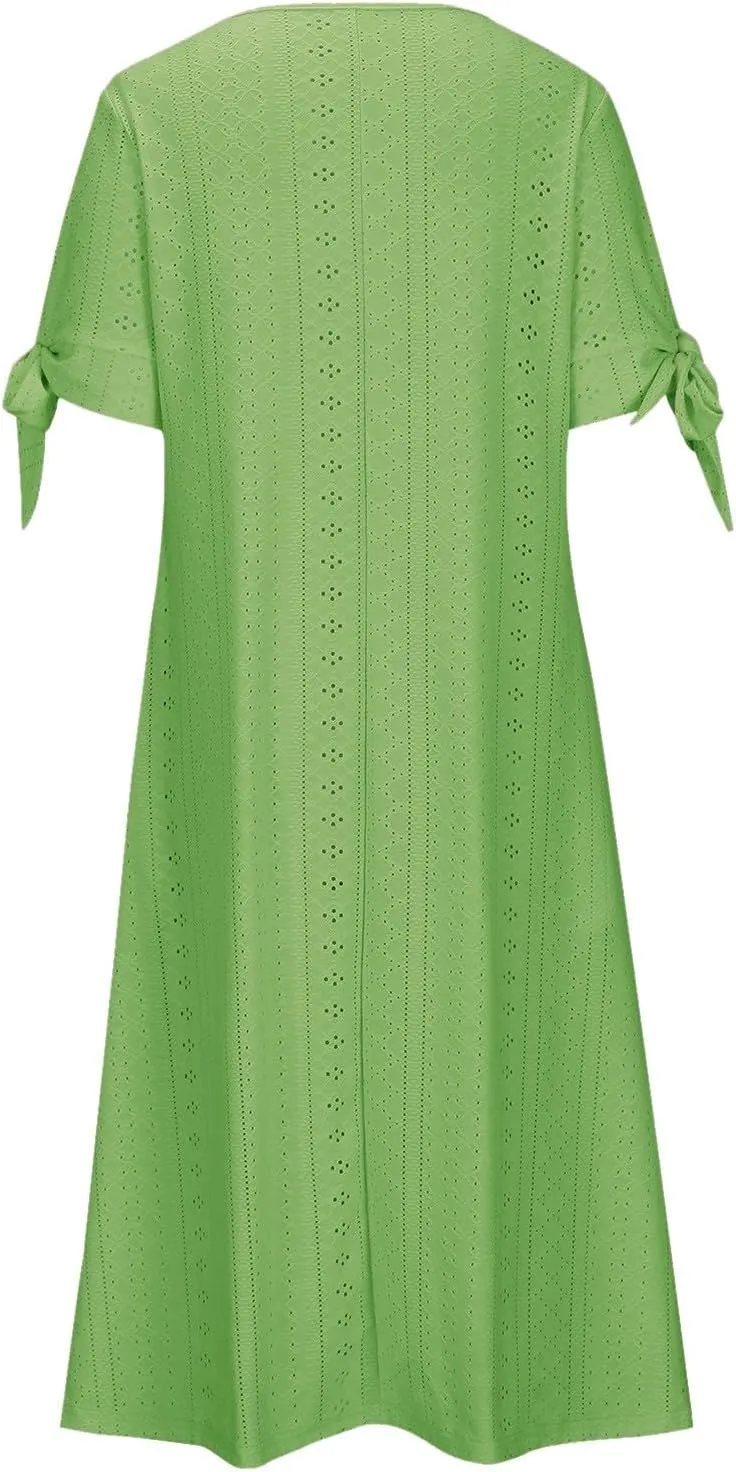 Eyelet Dresses for Women 2025 Short Sleeve V Neck Maxi Dress Casual Summer Beach Vacation Trendy Boho Long Sundress