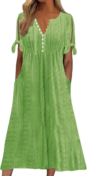 Eyelet Dresses for Women 2025 Short Sleeve V Neck Maxi Dress Casual Summer Beach Vacation Trendy Boho Long Sundress
